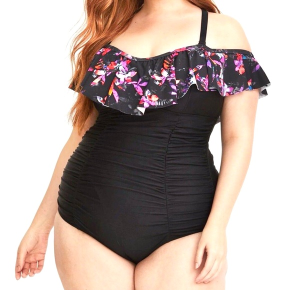 Torrid Swimsuit Tropical Off Shoulder Plus Size 3X Ruched Flounce Sexy Black - Picture 14 of 15